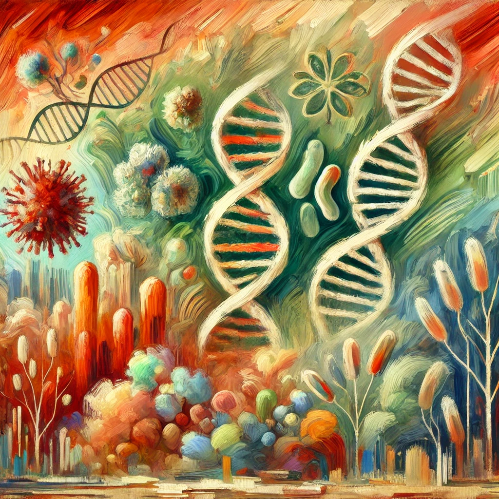 Here’s an impressionist-style artwork with an emphasis on reds and oranges, reflecting microbiome diversity with abstract depictions of bacteria, fungi, and DNA helices, integrated into a warm, dynamic composition. Let me know if you’d like further adjustments!






